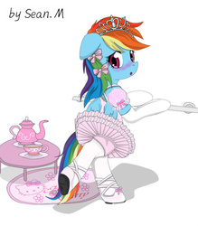 Size: 580x663 | Tagged: dead source, safe, artist:avchonline, rainbow dash, pegasus, semi-anthro, g4, :o, ballerina, ballet, ballet slippers, bipedal, bloomers, blushing, bow, canterlot royal ballet academy, clothes, crossover, embarrassed, female, floppy ears, food, frilly, hair bow, hello kitty, looking at you, looking back, mare, puffy sleeves, rainbow dash always dresses in style, rainbowrina, ribbon, sanrio, sissy, solo, table, tea, teacup, teapot, tiara, tomboy taming, tutu