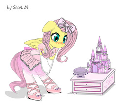 Size: 942x848 | Tagged: safe, artist:avchonline, fluttershy, pegasus, semi-anthro, g4, ballerina, ballet, ballet slippers, bipedal, blushing, bow, canterlot royal ballet academy, castle, clothes, crossover, cute, drawer, dress, dresser, female, floppy ears, hair bow, hello kitty, mare, pink, puffy sleeves, ribbon, sanrio, shyabetes, smiling, solo, toy, tutu