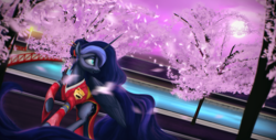 Size: 1600x810 | Tagged: safe, artist:glowingunicorn, princess luna, g4, alternate hairstyle, cherry blossoms, clothes, female, garden, kimono (clothing), moon, solo, water