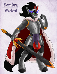 Size: 1275x1650 | Tagged: safe, artist:ambris, king sombra, unicorn, anthro, unguligrade anthro, adventuring is magic, g4, armor, colored pupils, grin, looking at you, male, red eyes, solo, sword, weapon