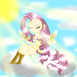 Size: 2500x2500 | Tagged: safe, artist:lovelyheartmlp, angel bunny, fluttershy, human, g4, cloud, high res, humanized, winged humanization