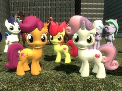 Size: 1024x768 | Tagged: safe, artist:sonic5421, apple bloom, cloudchaser, flitter, scootaloo, shining armor, sweetie belle, g4, 3d, cutie mark, cutie mark crusaders, gmod, team fortress 2, the cmc's cutie marks