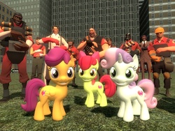 Size: 1024x768 | Tagged: safe, artist:sonic5421, apple bloom, scootaloo, sweetie belle, g4, 3d, cutie mark, cutie mark crusaders, demoman, demoman (tf2), engineer, engineer (tf2), gmod, heavy (tf2), heavy weapons guy, medic, medic (tf2), pyro (tf2), scout (tf2), sniper, sniper (tf2), soldier, soldier (tf2), spy, spy (tf2), team fortress 2, the cmc's cutie marks