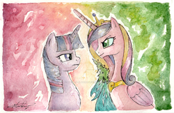 Size: 1024x662 | Tagged: safe, artist:nokills-clan196, queen chrysalis, twilight sparkle, changeling, g4, disguise, disguised changeling, fake cadance, traditional art, watercolor painting, watermark