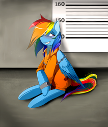 Size: 1100x1300 | Tagged: safe, artist:skyeypony, rainbow dash, g4, blushing, bound wings, chains, clothes, embarrassed, female, prison, prison outfit, prisoner rd, shackles, smiling, solo