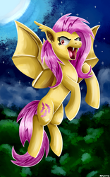 Size: 1000x1600 | Tagged: safe, artist:zoruanna, fluttershy, bat pony, pony, g4, female, flutterbat, flying, moon, night, solo