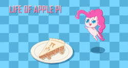 Size: 1810x961 | Tagged: safe, artist:chiptunebrony, pinkie pie, abstract background, adorkable, alphabet, apple, apple pie, apple slices, cute, dork, filling, food, greek, greek alphabet, pi, pi day, pie, plate, pounce, puppy dog eyes, smiling, wallpaper