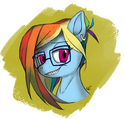 Size: 900x855 | Tagged: safe, artist:dustysculptures, rainbow dash, g4, earring, female, glasses, hipster, hipster glasses, piercing, sharp teeth, solo