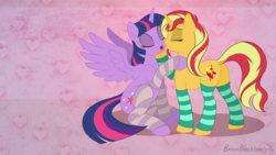Size: 1920x1080 | Tagged: safe, artist:brianblackberry, sunset shimmer, twilight sparkle, alicorn, pony, unicorn, g4, adorasexy, butt, clothes, cute, dock, eyes closed, female, imminent kissing, implied lesbian, leg warmers, lesbian, plot, romance, sexy, ship:sunsetsparkle, shipping, simple background, stripes, twilight sparkle (alicorn)