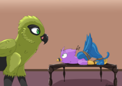 Size: 1280x896 | Tagged: safe, artist:swiftsketchpone, oc, oc only, oc:contago, oc:gyro feather, oc:gyro tech, bird, griffon, hybrid, parrot, parrot griffon, bondage, griffonized, imminent vore, kitchen eyes, licking, licking beak, licking lips, ropes, scared, species swap, table, tongue out