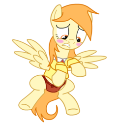 Size: 505x530 | Tagged: source needed, safe, artist:게르亡, oc, oc only, oc:oupony, pegasus, pony, blush sticker, blushing, clothes, embarrassed, embarrassed underwear exposure, female, layering error, panties, red underwear, show accurate, solo, underwear