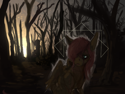 Size: 1600x1200 | Tagged: safe, artist:celestiawept, fluttershy, g4, dark, female, forest, hair over one eye, looking away, solo
