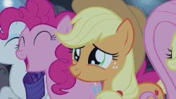 Size: 560x315 | Tagged: safe, screencap, applejack, fluttershy, pinkie pie, rarity, earth pony, pegasus, pony, unicorn, g4, the mane attraction, animated, applejack's hat, cowboy hat, crying, crying on the outside, female, hat