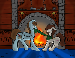 Size: 954x742 | Tagged: safe, artist:cantershirecommons, oc, oc only, oc:charlie, oc:sorren, earth pony, pegasus, pony, charren, clothes, couple, cute, fireplace, flirting, scarf