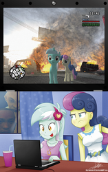 Size: 1458x2322 | Tagged: safe, artist:the-butch-x, bon bon, lyra heartstrings, sweetie drops, equestria girls, g4, :p, background human, bon bon is not amused, brony, computer, grand theft auto, gta san andreas, laptop computer, lyra doing lyra things, lyrabon laptop, tongue out, unamused, video game, when you see it