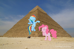 Size: 993x661 | Tagged: artist needed, safe, pinkie pie, rainbow dash, g4, dancing, egypt, female, giggling, irl, lesbian, photo, ponies in real life, pyramids of giza, ship:pinkiedash, shipping, vector