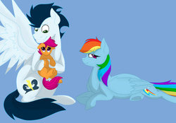 Size: 700x488 | Tagged: safe, artist:colourstrike, rainbow dash, scootaloo, soarin', pony, g4, adopted offspring, backwards cutie mark, family, female, holding a pony, male, parent:rainbow dash, parent:soarin', parents:soarindash, preggo dash, pregnant, scootadoption, scootalove, ship:soarindash, shipping, simple background, straight