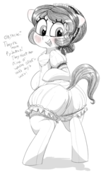 Size: 790x1317 | Tagged: safe, artist:whydomenhavenipples, oc, oc only, oc:dairy anne, pony, bipedal, bloomers, blushing, butt, chest fluff, clothes, dialogue, grayscale, large butt, looking back, monochrome, pajamas, partial color, plot, puffy sleeves, socks, solo