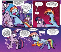 Size: 1342x1143 | Tagged: safe, artist:brenda hickey, idw, rainbow dash, spike, twilight sparkle, alicorn, pony, friends forever #25, g4, my little pony: friends forever, spoiler:comic, butt, comic, female, mare, plot, pushing, stitches, that pony sure does love wings, twilight sparkle (alicorn), wingless