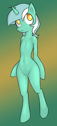 Size: 1109x2449 | Tagged: safe, artist:mikej, artist:miketheuser, edit, lyra heartstrings, pony, unicorn, semi-anthro, g4, arm hooves, belly button, featureless crotch, female, solo, standing