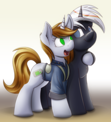 Size: 2528x2776 | Tagged: safe, artist:allyster-black, artist:ncmares, artist:ralek, oc, oc only, oc:littlepip, oc:velvet remedy, pony, unicorn, fallout equestria, chest fluff, clothes, collaboration, duo, ear fluff, fanfic, fanfic art, female, fluffy, high res, hooves, horn, hug, jumpsuit, looking at each other, mare, open mouth, pipbuck, smiling, standing, vault suit, when you see it