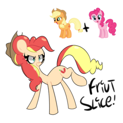 Size: 1280x1280 | Tagged: safe, artist:turtlefarminguy, applejack, pinkie pie, oc, oc:fruit slice, earth pony, pony, g4, fusion, hat, misspelling