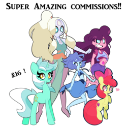 Size: 1280x1280 | Tagged: safe, artist:turtlefarminguy, apple bloom, lyra heartstrings, earth pony, gem (race), human, hybrid, pony, unicorn, g4, advertisement, amethyst, female, filly, foal, fusion, gem, gem fusion, group, heart, hybrid fusion, intersex, lapis lazuli (steven universe), looking at you, mare, nonbinary, opal (steven universe), pearl, quartz, quintet, rose quartz (gemstone), steven universe, stevonnie