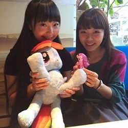 Size: 320x320 | Tagged: safe, pinkie pie, rainbow dash, human, g4, irl, irl human, izumi kitta, japan, nici, photo, plushie, suzuko mimori, toy, voice actor