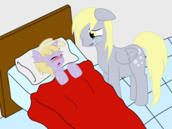 Size: 1483x1109 | Tagged: safe, artist:jake heritagu, derpy hooves, dinky hooves, pegasus, pony, g4, bed, blanket, blushing, crying, equestria's best mother, female, fever, filly, foal, hospital, mare, pillow, sad, sick, sweat