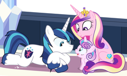 Size: 900x540 | Tagged: safe, artist:dm29, princess cadance, princess flurry heart, shining armor, alicorn, pony, unicorn, g4, season 6, cute, eye contact, female, flurrybetes, julian yeo is trying to murder us, looking at each other, male, mare, open mouth, prone, sitting, smiling, stallion, trio