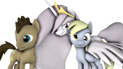 Size: 3840x2160 | Tagged: safe, artist:unknownspeedalicorn, derpy hooves, doctor whooves, princess celestia, time turner, pegasus, pony, princess molestia, g4, 3d, female, high res, looking at you, mare, simple, source filmmaker, worried