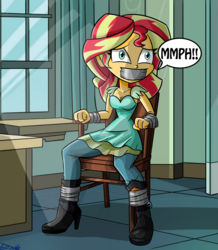 Size: 1570x1799 | Tagged: safe, artist:gaggeddude32, sunset shimmer, human, equestria girls, g4, bondage, boots, boots bondage, bound and gagged, breasts, chair, cleavage, duct tape, female, gag, helpless, muffled moaning, muffled words, shoes, solo, speech bubble, tape, tape bondage, tape gag, tied to chair