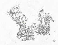 Size: 1013x789 | Tagged: safe, artist:sensko, pony, unicorn, armor, arrow, black and white, bow (weapon), bow and arrow, grayscale, monochrome, pencil drawing, traditional art