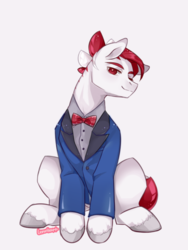 Size: 900x1200 | Tagged: safe, artist:lemonheart, oc, oc only, earth pony, pony, bedroom eyes, bowtie, clothes, male, simple background, sitting, solo, stallion, tuxedo