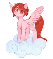 Size: 900x1000 | Tagged: safe, artist:lemonheart, oc, oc only, oc:weathervane, pegasus, pony, cloud, looking at you, simple background, solo, spread wings, white background