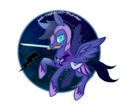 Size: 700x600 | Tagged: safe, artist:lemonheart, oc, oc only, oc:nightcolt thunder, pegasus, pony, flying, looking at you, night guard, night guardmouth hold, sword, weapon