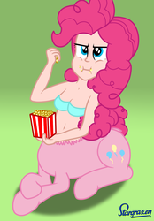 Size: 972x1396 | Tagged: safe, artist:stargrazer, pinkie pie, centaur, ponytaur, taur, g4, bra, clothes, female, food, popcorn, solo, species swap, underwear