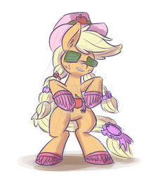 Size: 1280x1463 | Tagged: safe, artist:heir-of-rick, applejack, earth pony, pony, g4, bipedal, clothes, fashion style, female, lip bite, ribbon, shoes, solo, sunglasses, swag, toy interpretation