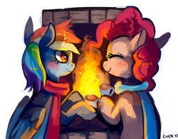 Size: 1280x1006 | Tagged: dead source, safe, artist:cherivinca, pinkie pie, rainbow dash, earth pony, pegasus, pony, g4, chocolate, clothes, female, fireplace, food, hot chocolate, lesbian, scarf, ship:pinkiedash, shipping