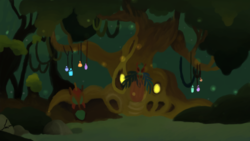 Size: 1024x576 | Tagged: safe, artist:thatonelass, g4, background, everfree forest, lineless, night, no pony, painting, zecora's hut