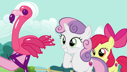 Size: 1280x720 | Tagged: safe, screencap, apple bloom, sweetie belle, flamingo, g4, the one where pinkie pie knows, balloon, cutie mark, the cmc's cutie marks
