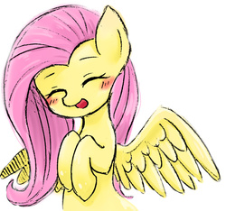 Size: 1280x1197 | Tagged: dead source, safe, artist:yukimaki, fluttershy, pegasus, pony, g4, blushing, cute, eyes closed, female, laughing, mare, shyabetes, simple background, solo, white background