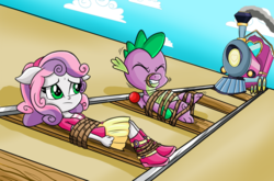Size: 1312x864 | Tagged: safe, artist:gaggeddude32, spike, sweetie belle, dragon, human, equestria girls, g4, abuse, ball, boots, clothes, duo, duo male and female, eared humanization, eyes closed, female, floppy ears, frown, gag, gritted teeth, help us, humanized, male, mittens, on back, peril, ponied up, railroad, rope, sad, shoes, skirt, spikeabuse, story in the source, struggling, sweetiebuse, tied to tracks, tied up, train, train tracks