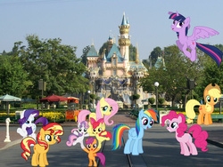 Size: 800x602 | Tagged: safe, artist:evantulac-123, apple bloom, applejack, fluttershy, pinkie pie, rainbow dash, rarity, scootaloo, sunset shimmer, sweetie belle, twilight sparkle, alicorn, pony, g4, bench, castle, cutie mark crusaders, disney world, disneyland, female, flying, irl, mane six, mare, photo, ponies in real life, pose, tree, twilight sparkle (alicorn), vector, watermark