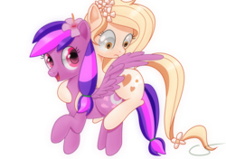 Size: 1024x722 | Tagged: safe, artist:cyanspark, oc, oc only, oc:moonlight blossom, pony, duo, ponies riding ponies, riding, startled, wide eyes
