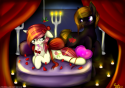 Size: 1024x724 | Tagged: safe, artist:julunis14, roseluck, oc, oc:appleberry, pony, g4, bed, canon x oc, duo, female, holly, holly mistaken for mistletoe, male, shipping, straight