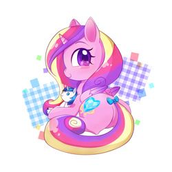 Size: 1500x1500 | Tagged: safe, artist:dun, princess cadance, shining armor, alicorn, pony, g4, bow, butt, cute, cutedance, doll, female, mare, pixiv, plot, smiling, solo, tail bow, toy, younger