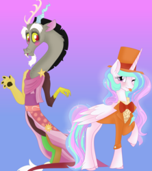 Size: 1600x1800 | Tagged: safe, artist:pigzfairy, discord, princess celestia, g4, :p, accessory swap, blushing, clothes, clothes swap, crossdressing, dress, female, hat, male, raised hoof, ship:dislestia, shipping, straight, tongue out, top hat, unshorn fetlocks, wink