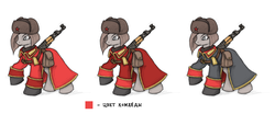 Size: 1200x500 | Tagged: safe, artist:cyrilunicorn, ak-47, assault rifle, clothes, command and conquer, conscript, greatcoat, gun, hat, ponified, raised hoof, red alert, red alert 3, rifle, russian, simple background, soviet, translated in the description, trio, uniform, ushanka, weapon, white background