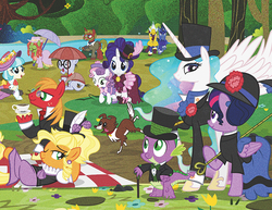 Size: 900x695 | Tagged: safe, artist:pixelkitties, applejack, big macintosh, coco pommel, mr. waddle, princess celestia, rarity, spike, sweetie belle, tree hugger, twilight sparkle, winona, alicorn, pony, g4, a sunday afternoon on the island of la grande jatte, alternate hairstyle, applejewel, brony thank you fund, calendar, cane, clothes, female, fine art parody, georges seurat, hat, mare, pointillism, royal guard, top hat, twilight sparkle (alicorn), umbrella